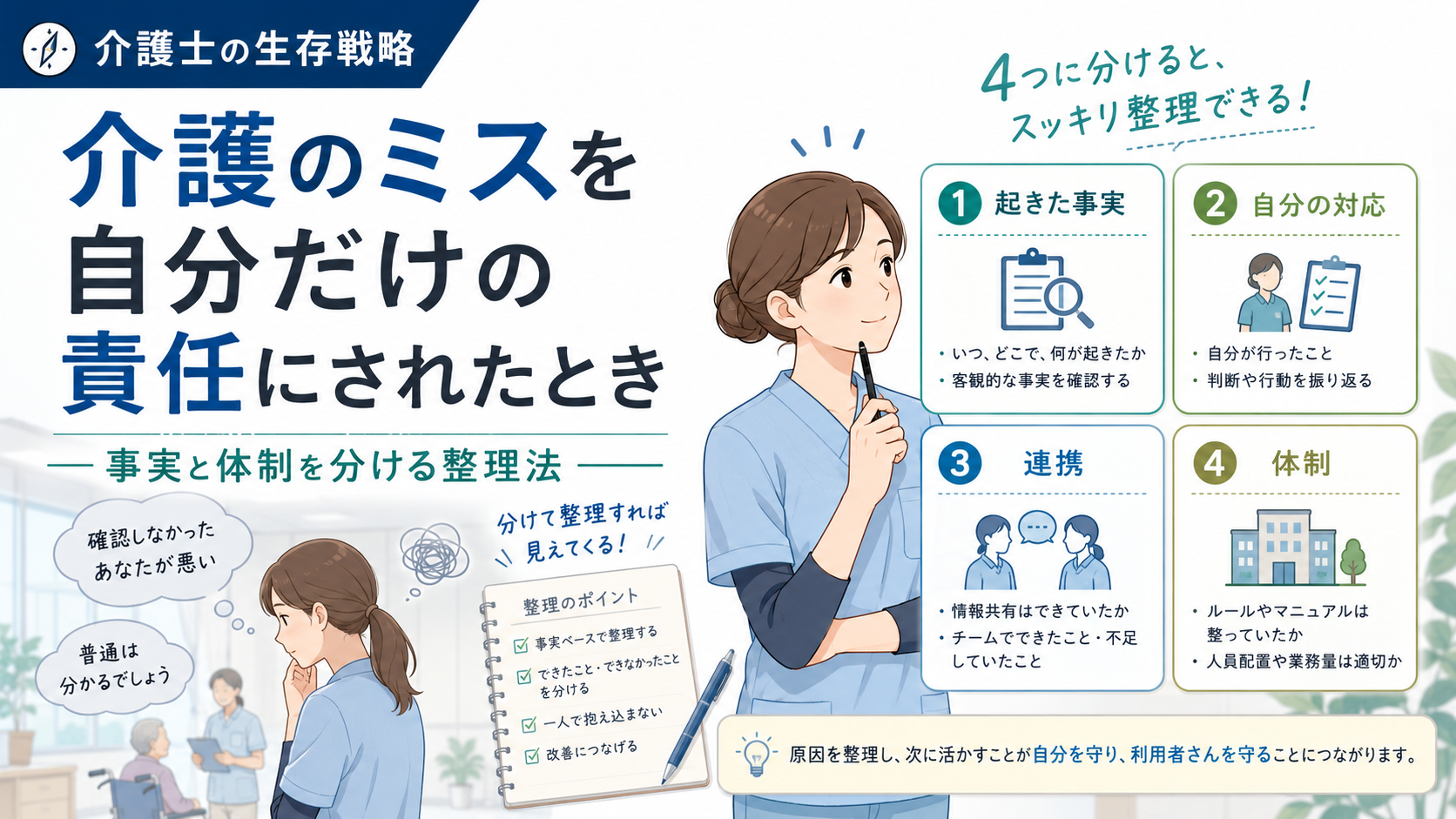 介護のミスを自分だけの責任にされたときに事実・自分の対応・連携・体制を整理するイメージ