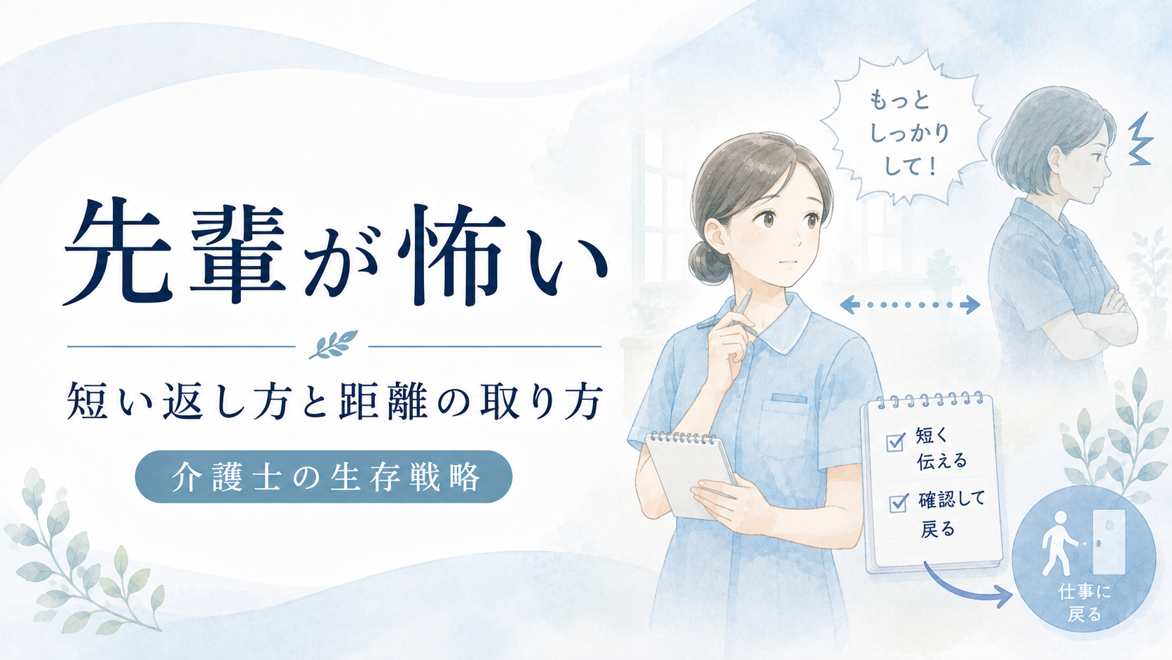 介護職で先輩が怖いときの短い返し方と距離の取り方を示すイメージ