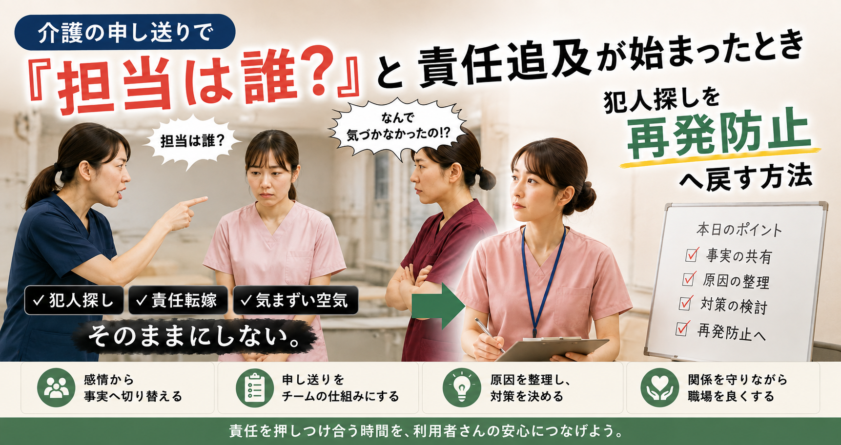 介護の申し送りで責任追及が始まったときに犯人探しを再発防止へ戻すイメージ