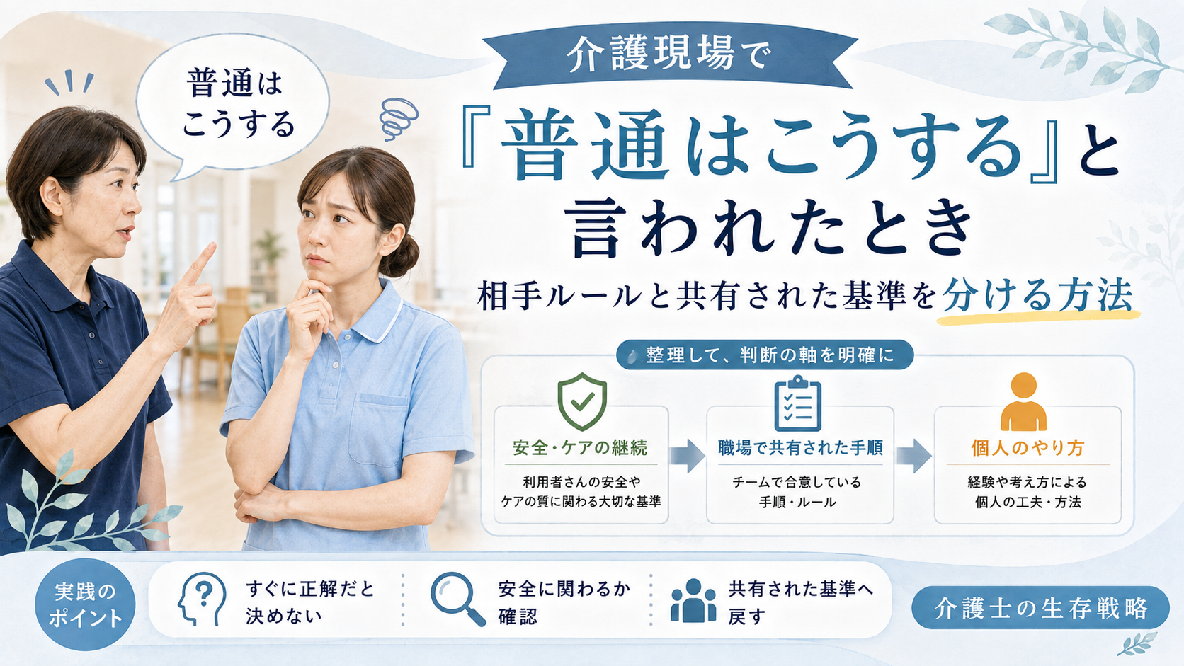 介護現場で普通はこうすると言われたときに相手ルールと共有された基準を分けるイメージ