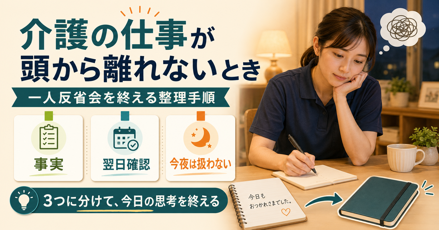 介護の仕事が頭から離れないときに、事実・翌日確認すること・今夜は扱わないことの3つに整理するイメージ